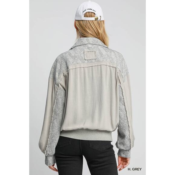 Umgee Two-Way Zip-Up Long Sleeves Front Pockets Loose Jacquard Jacket | H. Grey - Picture 2 of 7